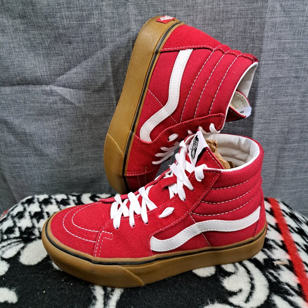 Vans Red and White High-Top Sneakers with Gum Sole